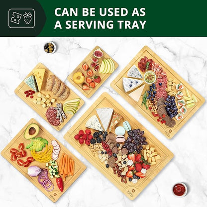 ROYAL CRAFT WOOD Wooden Serving Boards for Kitchen Meal Prep&Bamboo Wood Cutting Board Set with Deep Juice Groove Side Handles-Charcuterie & Chopping Butcher Block for Meat-Kitchen Gadgets Gift (5Pcs)