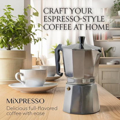 Mixpresso 6 Cup Moka Pot Cuban Coffee Maker, Moka Pot for Gas, Electric Stove Top, Classic Italian Coffee Maker, Stovetop Espresso Maker, Camping Pot Makes 6 Espresso Cup 10 Oz