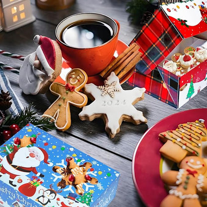 24 PCS Christmas Cookie Boxes for Gift Giving-Christmas Food Containers Cookie Tins, Christmas Tins Treat Boxes with Windows, Holiday Bakery Box for Pastries