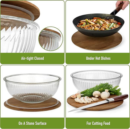 Set of 3 Stackable Space-Saving Nesting Glass Salad Bowls with Acacia Lids for Foodprep, Storage, Baking, Mixing & Cooking - Microwave Safe Durable Inert Borosilicate Glass