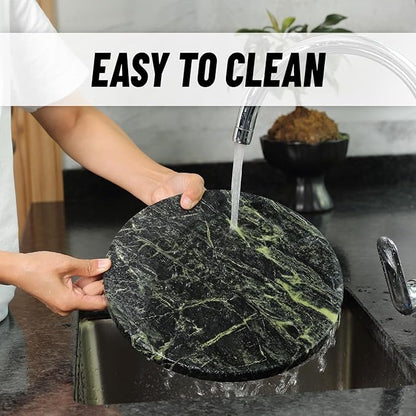 Koville Indian Natural Marble Cutting Board for Kitchen, 11inch Round Hand Crafted Marble Slab for Cheese, Charcuterie, Pastry Board - Wedding Gift, House Warming Gift(Indian Green)