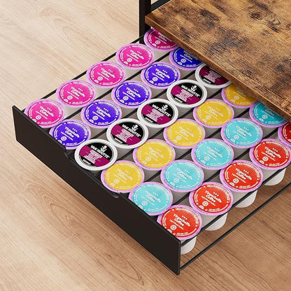 Coffee Bar Organizer Countertop, 2 Tier Mug Cup Holder Stand with 12 Hooks, 30 K Cup Coffee Pod Drawer with Mug Rack, Multifunctional Shelf Organizer for Accessories Station Kitchen (Brown)