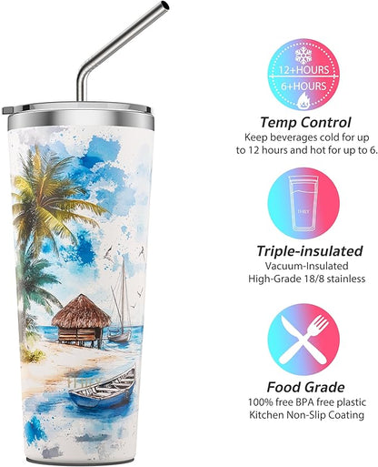 THILY Vacuum Insulated Stainless Steel Tumbler Travel Mug 26 oz Coffee Cup with 2 Lids and Straws, Splash Proof, Reusable, Keep Iced Drinks Cold, Coastal Breeze