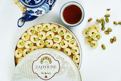 Zaitoune Ghraybeh Cookies - 1.1 lb | Luxurious Traditional Middle Eastern Pistachio Shortbreads Handcrafted in Turkey | Beautiful Reusable Gift Tin | Perfect for Dessert | Great Sharing Present