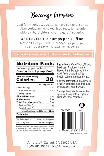 Amoretti - White Peach Lemonade Beverage Infusion Drink Mix & Water Enhancer with Pump for Flavoring Cocktails, Waters, Tea, and other Beverages, 94 Servings Per Bottle (750 ml), Preservative Free