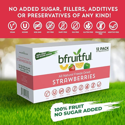 bfruitful Freeze-Dried Strawberries, Freeze Dried Fresh Fruit Bites, Gluten Free, Vegan, Dairy Free, Kosher, No Sugar Added, Non GMO, Healthy Snacks for Kids or Adults, 0.56 oz Single-Serve Snack Packets, 12 Pack