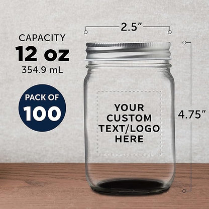 DISCOUNT PROMOS 100 Decorating Mason Jars Set, 12 oz. - Customizable Text, Logo - Canning, Aluminum Lid - Black