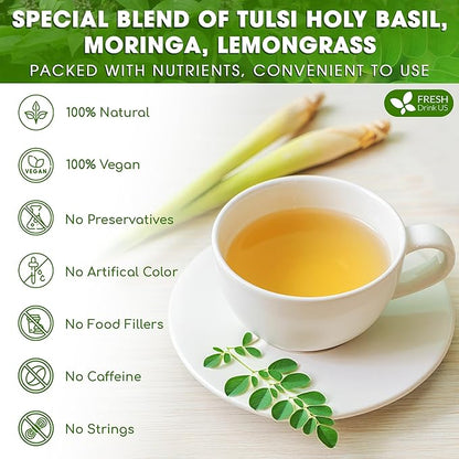 FreshDrinkUS, Premium 75 Tea Bags Tulsi Moringa Lemongrass, 100% Natural & Pure from Tulsi Holy Basil Leaves, Moringa & Lemongrass. Made with Natural Material Tea Bags. No Sugar, No Caffeine, Vegan.