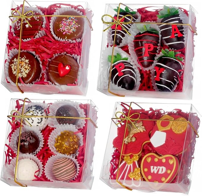 RomanticBaking 25PCS 5x5x2 Inches Full Clear Cookies & Cake Boxes - Strawberries, Chocolate, Cinnamon Roll & Mini Cake Boxes