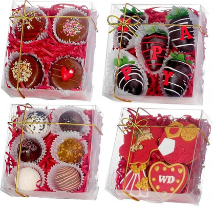 RomanticBaking 25PCS 5x5x2 Inches Full Clear Cookies & Cake Boxes - Strawberries, Chocolate, Cinnamon Roll & Mini Cake Boxes