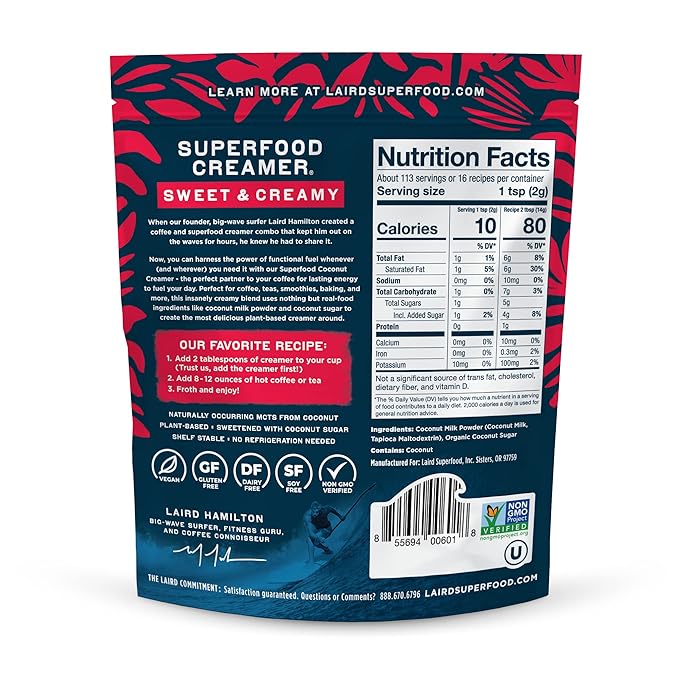 Laird Superfood Non-Dairy Superfood Creamer - Coconut Powder Coffee Creamer - Sweet & Creamy - Gluten Free, Non-GMO, Vegan - 8 oz. Bag, Pack of 1