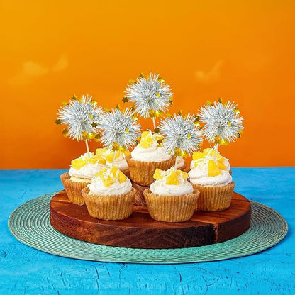 Ephlyn 30Pcs Foil Firework Cupcake Toppers Sparkle Tinsel Cupcake Picks Happy Birthday Cake Decorations Drink Stirrers Cocktail Food Fruit Toothpicks for Baby Shower Graduation Party Supplies Silver