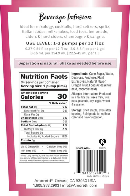 Amoretti - Dragon Fruit Beverage Infusion, 94 Servings Per Bottle (750 ml) - Drink Mix & Water Enhancer with Pump for Flavoring Cocktails, Waters, Teas, and other Beverages, Preservative Free