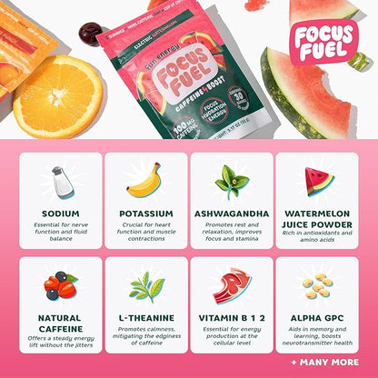 FocusFuel Energy Chews – Strawberry Lemonade Flavor (15 Servings) – 100mg Caffeine + Alpha GPC + L-Theanine + B12, Magnesium – Boost Focus & Energy – No Crash or Jitters