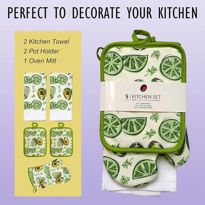 Oven Mitts and Potholders Dish Towles Set 100% Cotton for Perfect for Gifting, Baking and Everyday Cooking Durable Heat Resistant for Kitchen (5-Piece Lemon Avocado)
