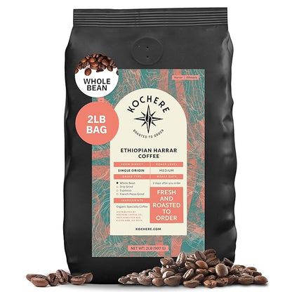 Kochere Ethiopian Harrar Whole Bean Coffee – 2LB Medium Roast – Fresh Roasted to Order – Single Origin, Farm Direct, Rich Flavored Coffee Beans – Chocolate & Fruity Notes