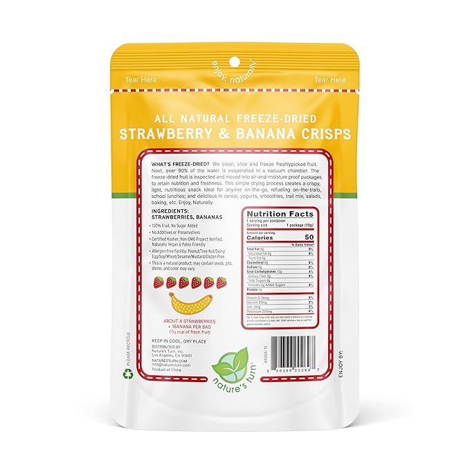 Nature’s Turn Freeze-Dried Strawberry Banana Crisps – Healthy, Gluten-Free, Crispy & Delicious, Plant-Based Snack, Ideal for Cereal, Smoothies, School Lunches, & On-the-Go, Bags of 6 (0.53 oz Each)