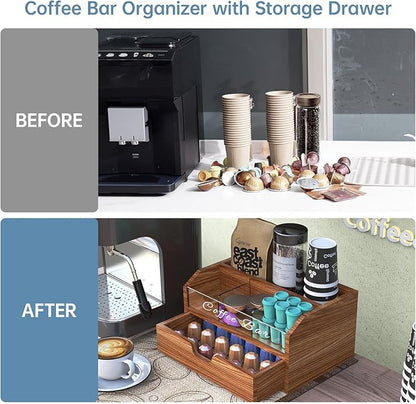 NiHome Solid Wood & Acrylic Coffee Station Organizer with Storage Drawer, Multi-Purpose Adjustable Compartments Coffee Pod Holder for Home, Office, Hotel, Kitchen Counter Storage for Tea, Sugar, Cups