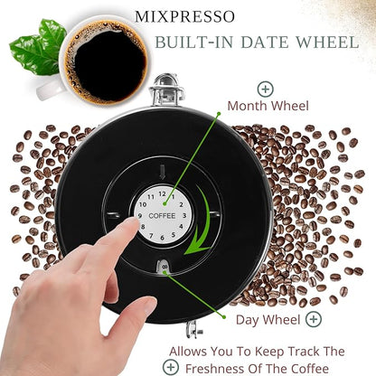Mixpresso 16 Oz Black Coffee Canister, Stainless Steel Airtight Coffee Container, Air tight Jar Tea Storage with Date Tracker, Vacuum Sealed Espresso Airtight Canister, Sugar Container for Home