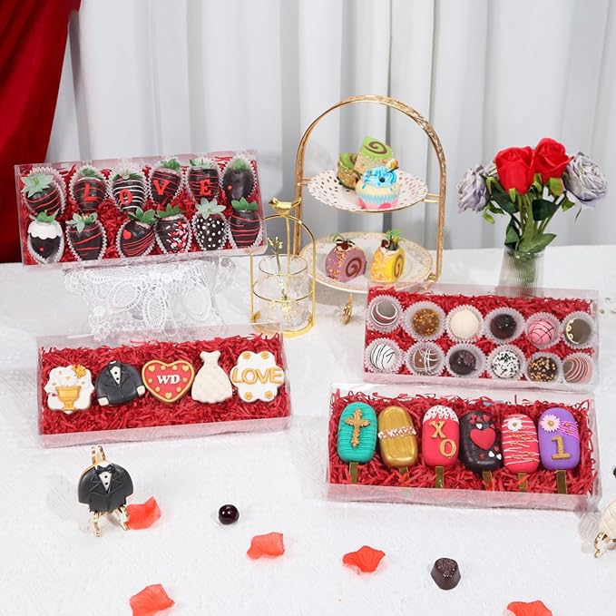 RomanticBaking 50PCS 12x5x2 Inches Clear Cookie Boxes Strawberry & Macaron Gift Boxes for Party Favors