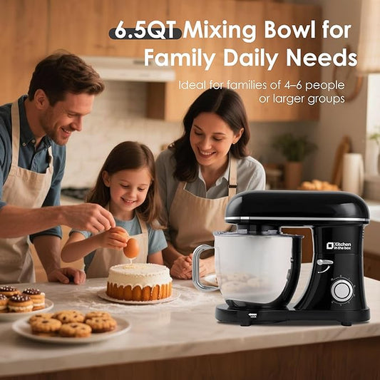 Kitchen in the box Stand Mixer - 6.5 Quart Mixing Bowl with Handle, 900 Watt Heavy Bread Dough Standing Mixers Tilt-head with Dough Hook, Whisk, Flat Beater and Splash Guard (Black)