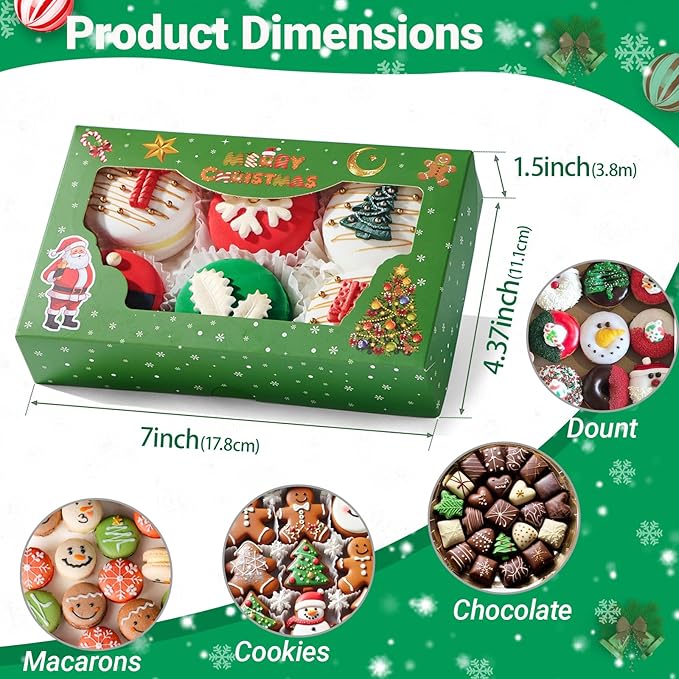 12 Pack 7x4.3x1.5Inch Green/Red/White Christmas Cookie Gift Boxes Clear Window Ideal for Packaging Cookie Macaron Cake Pop Chocolate Truffles Donut Pie Treat Boxes for Christmas for Gift-Giving