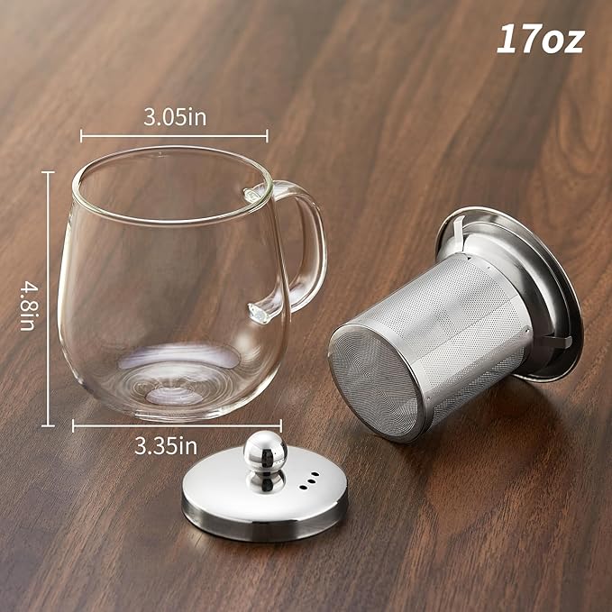 Glass Tea Cup with Infuser and Lid, 17.6oz/520ml Large Borosilicate Glass Teacup with Stailess Steel Filter, Clear Mug for Loose Leaf Blooming Tea, Dishwasher Safe - Tea Maker Gift