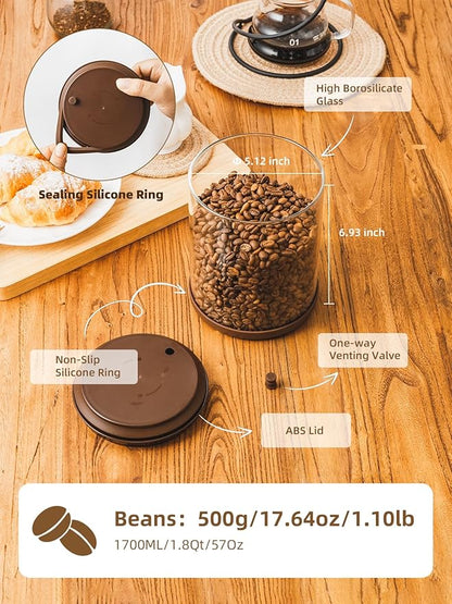 Large Coffee Canister 18 oz, Airtight Food Storage Container with Pop Lid, CO2-Release Valve, High Borosilicate Glass Contianers For Tea Coffee Bean Sugar, 1700 ml Brown