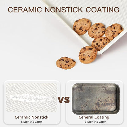 HONGBAKE 3 Pack Nonstick Ceramic Baking Sheet Pan Set for Oven, Non-Toxic Half/Quarter/Jelly Roll Pans with Diamond Texture, Heavy Duty 0.8mm Thick Aluminized Steel Cookie Trays for Cooking, Cream