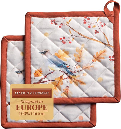 Maison d' Hermine Pot Holders Set 100% Cotton Heat Resistant Potholders 8" x 8" Hot Pads with Loop BBQ, Cooking, Baking, Grilling, Kitchen, Handling Hot Pans (Pack of 2, Oak Leaves)
