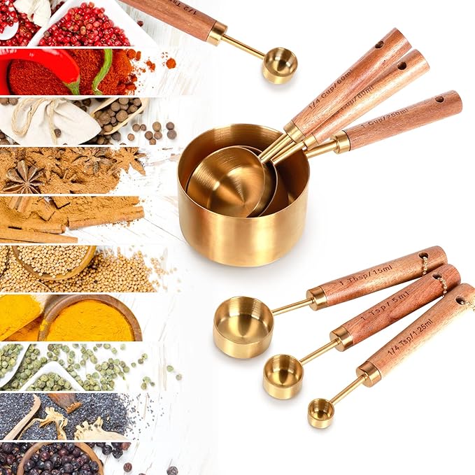 Collection 8 Piece Gold Measuring Cups Set and Measuring Spoons, Golden With fragrant wood Handles-Complete Set of Measure Cups and Spoons For Cooking and Baking.…