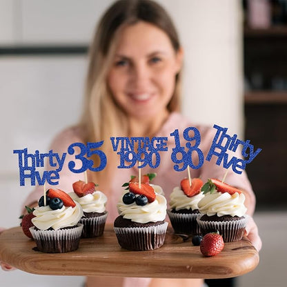 Gyufise 24Pcs Vintage 1990 Cupcake Toppers Glitter Cheers to 35 Fabulous Thirty Five Cupcake Picks 35th Birthday Wedding Anniversary Party Cake Decorations Supplies Deep Blue