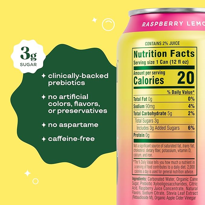 Bloom Pop Prebiotic Soda 12 Pack, Raspberry Lemonade Flavor, 12oz Cans | Prebiotic Soda for Gut Health, Low Calorie Soda, No Caffeine, Healthy Soft Drink Alternative