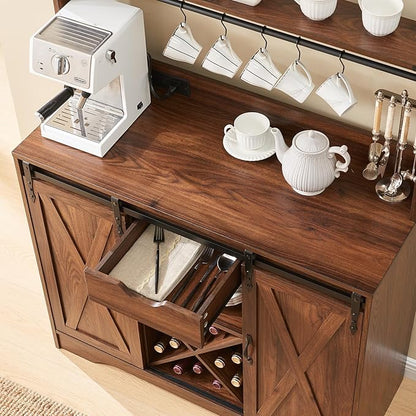 Wnutrees Farmhouse Coffee Bar Cabinet with Charging Station and USB Ports, Sliding Barn Door, 39" Kitchen Hutch Sideboard Buffet Storage Cabinet, Fits Kitchen Dining Living Room, Brown
