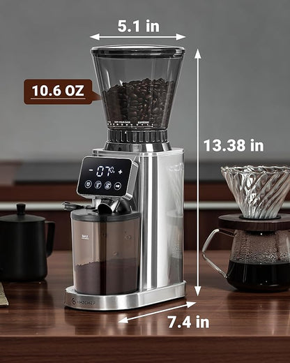 AMZCHEF Coffee Grinder, Burr Coffee Bean Grinder for Home Use with 48 Precise Grind Settings, Detachable Funnel Stand for Espresso, LED Control Panel, Anti-static Design, silver