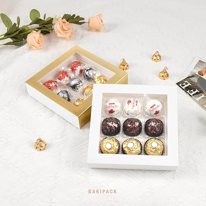 BAKIPACK 12 Truffle Boxes, Chocolates Box, White Truffle Gift Packaging with 9-Piece Plastics Tray