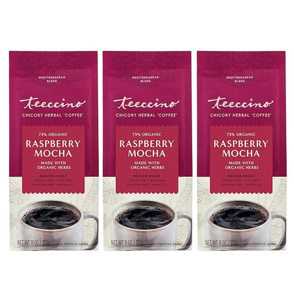 Teeccino Raspberry Mocha Chicory Coffee Alternative - Ground Herbal Coffee That’s Prebiotic, Caffeine Free & Acid Free, Dark Roast, 11 Ounce (Pack of 3)