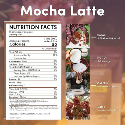 Teeccino Organic Instant Mocha Herbal Latte – 14 Servings – Creamy Oat & Coconut Latte Plus MCT Oil with Chocolaty Cacao & Dates Accenting Roasted Chicory – Prebiotic, Caffeine-Free – 7.9 ounces 