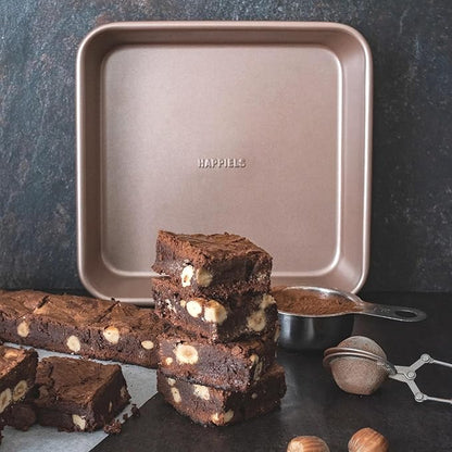 Nonstick 9x9 Baking Pan | PFOA & BPA Free Non Toxic 9 x 9 Inch Cake & Brownie Pan | Best Nontoxic Square 9x9 inches Pans for Baking | Non Stick Carbon Steel Gold Baking Ware