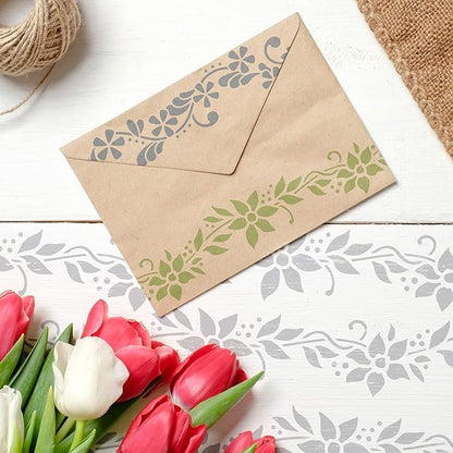 NAKLEO Painting Stencil for Crafts A4 8.3” x 11.8”, Flowers Mini Border Pattern, Reusable Plastic DIY & Scrapbooking Drawing Template, Decoupage Art Home Decor, Wall Wood Fabric Furniture