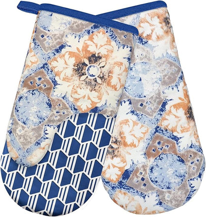 Thumb Oven Mitts, Heat and Slip Resistant Silicone Kitchen Mittens 2-Pack Set, Vintage Carpet Flower Soft Long Oven Gloves, Flexible Potholders for Safe Baking Cooking & Grilling (Dusty Blue)