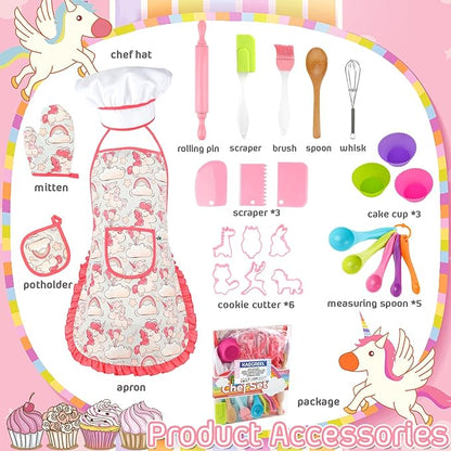 KAEGREEL Kids Baking Chef Set with Unicorn Apron and Mitt, 26pcs Kid Cooking Set with Chef Hat Spoons Whisk, Chef Dress Up Role Play Gifts for Girls Boys Aged 3 4 5 6 7 8