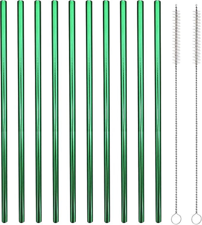10 Pcs Stainless Steel Straws, Reusable Drinking Straws, Straight Metal Straw Sets with 2 Pcs Cleaning Brushes (8.5 Inch, Green)