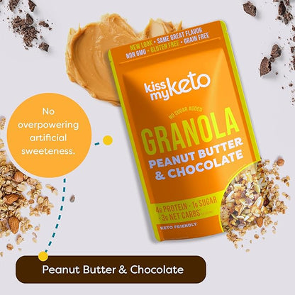 Kiss My Keto Sugar Free Granola, Peanut Butter Chocolate 2-Pack – Curb Cravings with Few Net Carbs – Allulose Sweetened, Resealable & Gluten-Free Crunchy Clusters – Grain Free Granola Great With Yogurt or Milk