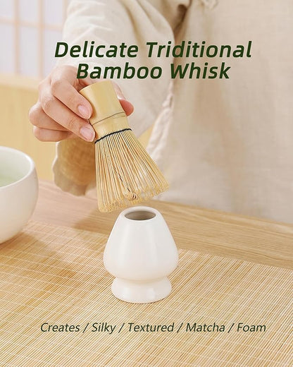 ZENS Matcha Whisk Set, 15oz Ceramic Matcha Bowl with Spout and Bamboo Whisk, Whisk Holder (Chasen), Scoop & Tea Towel, 5pcs Matcha Tea Kit Gift for Matcha Lovers, White