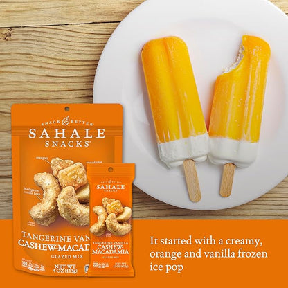 Sahale Snacks Tangerine Vanilla Cashew-Macadamia Glazed Mix, 4 oz Pouches (6 Packs) - Dry-Roasted Deluxe Mixed Nuts with Mangoes & Madagascar Vanilla - Non-GMO, Kosher, & Certified Gluten-Free Snacks