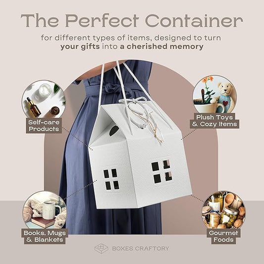 Craftory Pack of 5 House Shaped Gift Boxes (7.87 x 7.87 x 7.08 Inch) - Mansion Box Ideal for Christmas Gifts and Treats - White Matelasse