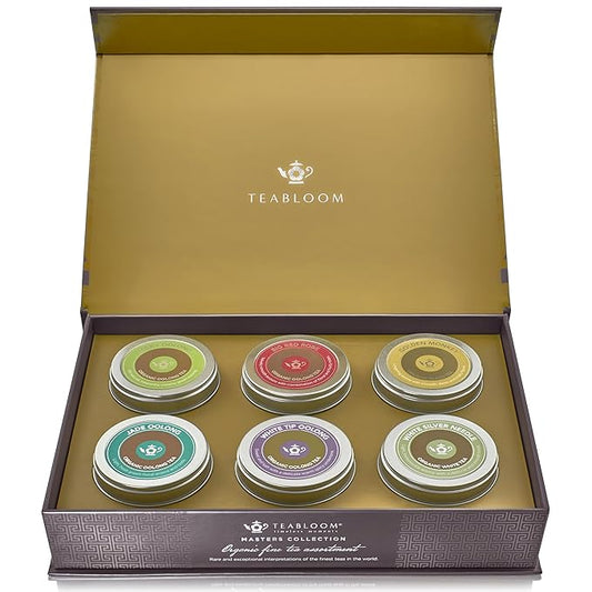 Teabloom Masters Collection - Six Rare Single-Origin Organic Loose Leaf Teas - Milky Oolong, White Silver Needle, Big Red Robe, Golden Monkey, Jade and White Tip Oolong