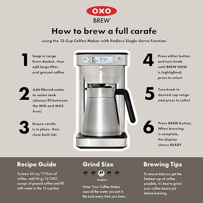 OXO Brew 12-Cup Coffee Maker With Podless Single-Serve Function,Silver