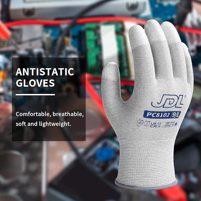 JDL ESD Work Gloves, Anti-Static Gloves for PC Building, 12 pairs, Computer Installation & Repair, High Resistance Carbon Fiber Gloves, X-Large